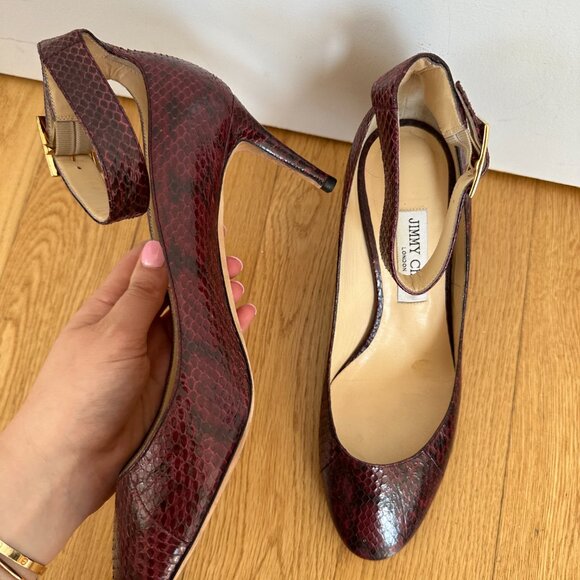 Jimmy Choo Helena 65 Pumps Buckle Ankle Strap Snakeskin Burgundy Size 40 - Picture 7 of 13